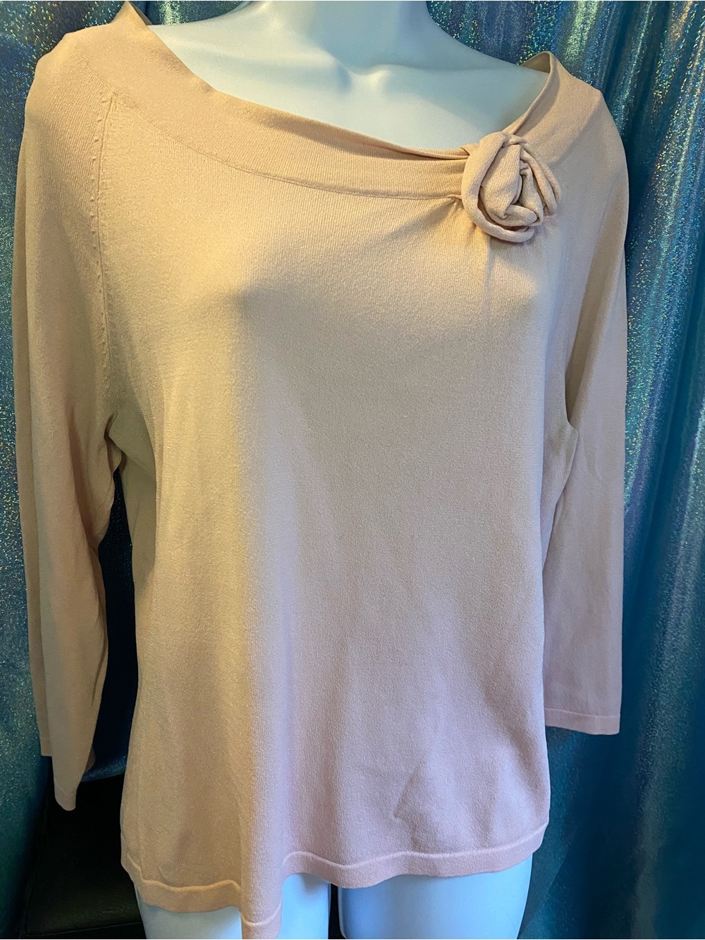 Light Pink Knit Top with Rosette Neck Accent